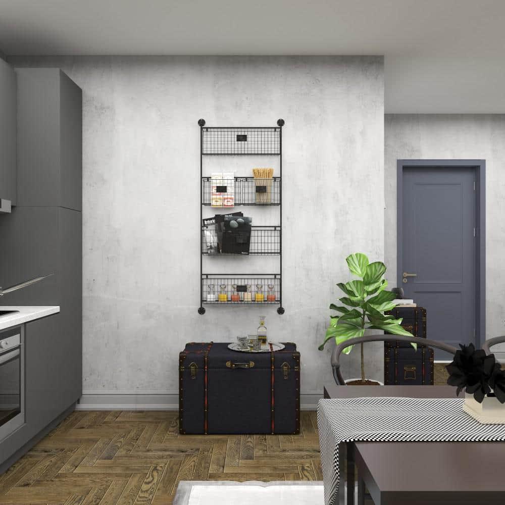 DecMode 4-Tier Industrial Wall Organizer Basket and Magazine Rack Holder, 27"W x 5"L x 61"H, Black Metal with Rustic Distressed Finish