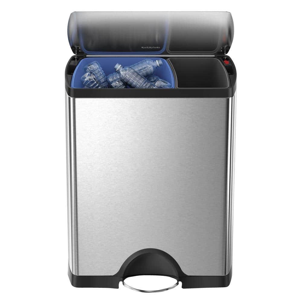 simplehuman Rectangular Dual Compartment Recycling Kitchen Step Trash Can, 46 Liter, Stainless Steel