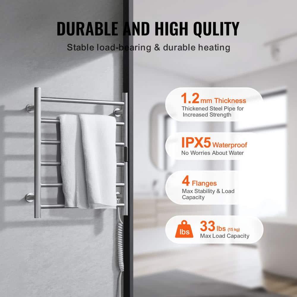 VEVOR 6 Bars Towel Warmer Rack, Wall Mounted Heated Towel Rack for Bathroom, IPX5 Waterpoof Towel Heater Rack with Timer & Display Screen, Silver