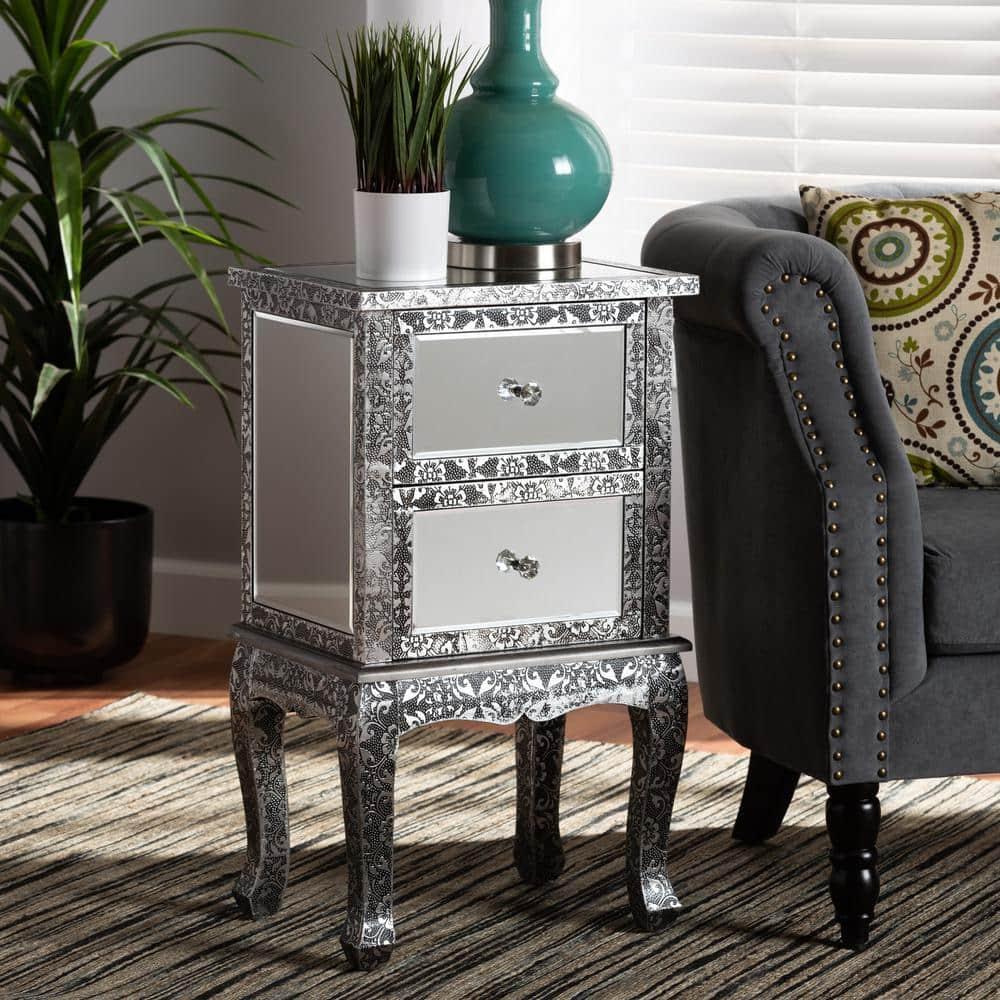 Wycliff Metal and Mirrored Glass 2 Drawer Nightstand Dark Gray/Silver - Baxton Studio