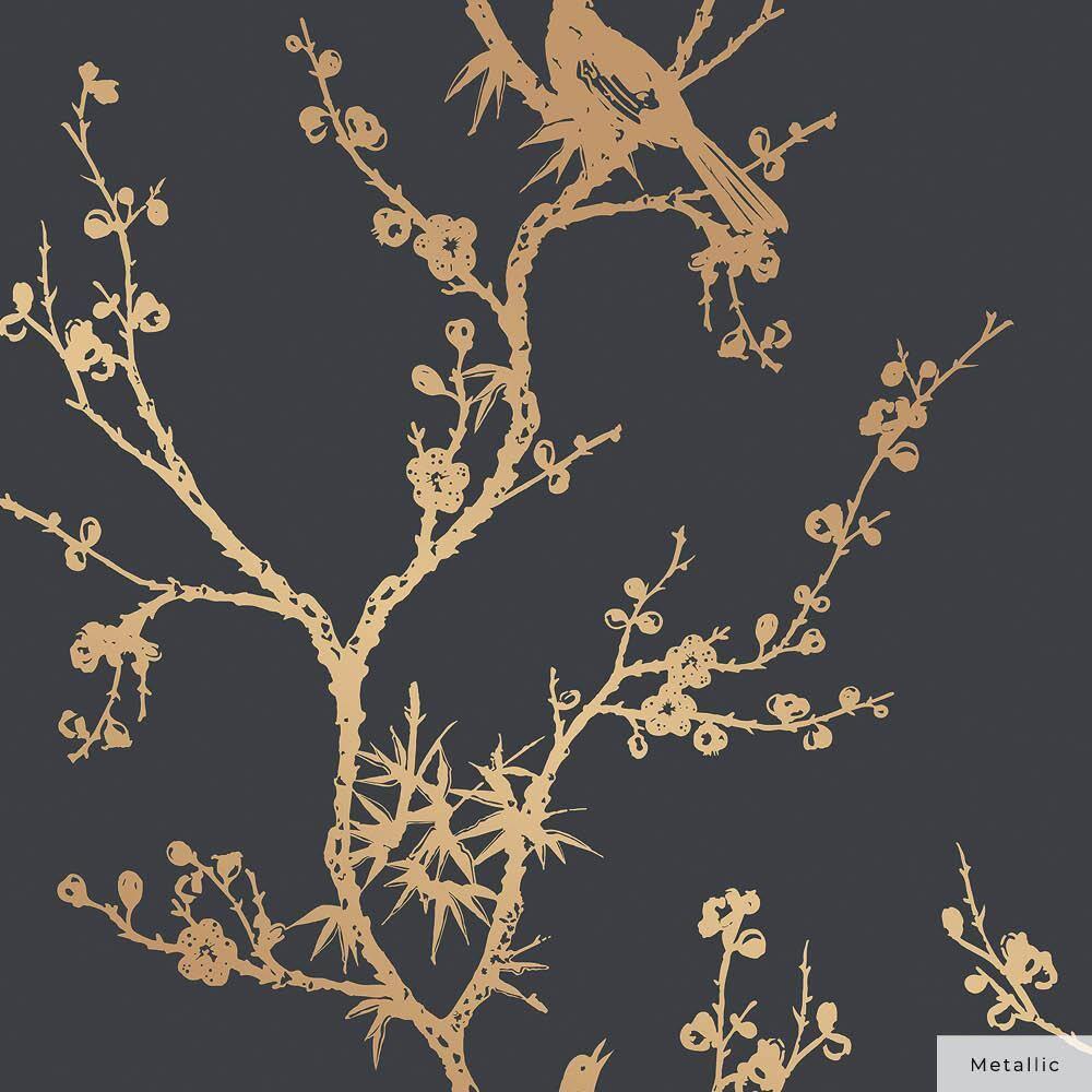 Tempaper & Co.® x Cynthia Rowley Bird Watching Removable Peel and Stick Wallpaper, Black and Gold, 56 sq ft: Vinyl, Self-Adhesive