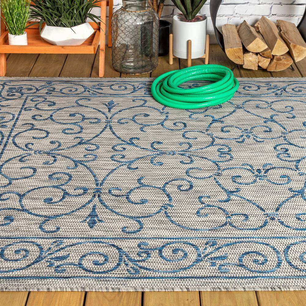 9' X 12' Charleston Vintage Filigree Textured Weave Indoor/Outdoor Area Rug, Gray/Navy - JONATHAN Y