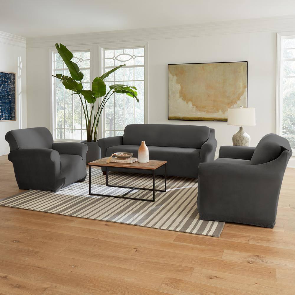 SureFit Hampstead Stretch Velvet Chair Slipcover, One Piece Chair Covers, Charcoal Chair Cover