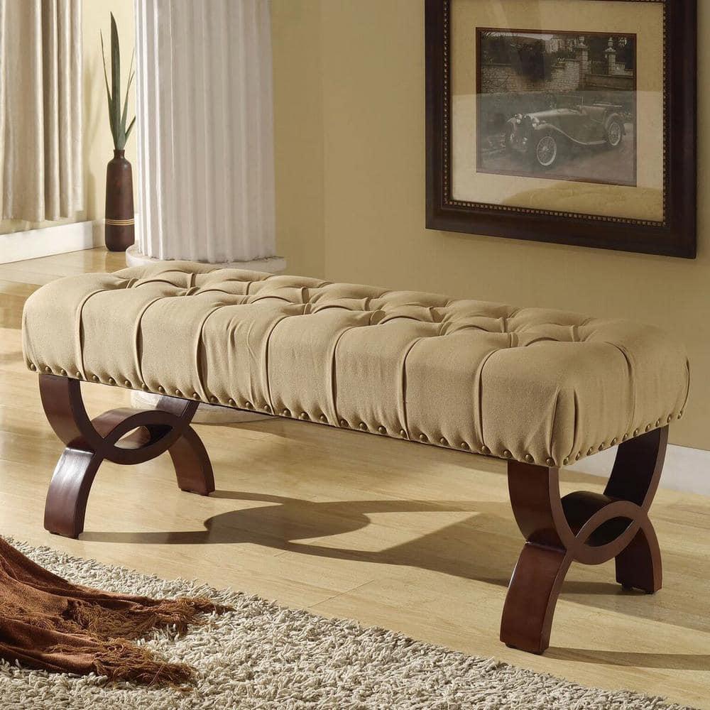 Carolina Tufted Bench with Nailhead Trim Cream - HomePop: Upholstered Ottoman for Bedroom, Indoor Furniture