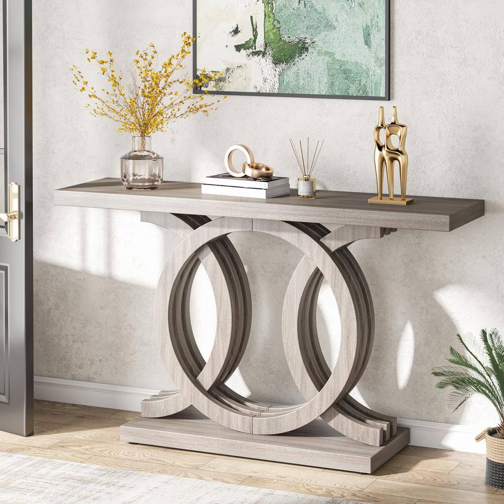Gray 55" Geometric Base Wooden Console Table with Storage