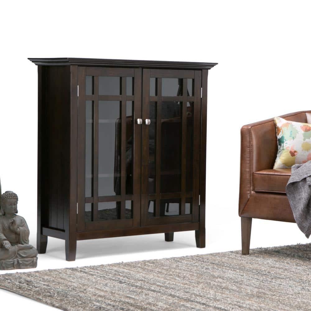 Simpli Home Bedford 39"W Solid Wood 4-Shelf Medium Storage Cabinet with Glass Doors and Adjustable Shelves
