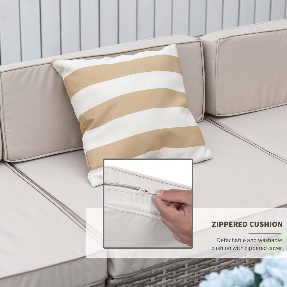Outsunny 7-Piece Patio Furniture Set, Outdoor Wicker Conversation Set, All Weather PE Rattan Sectional Sofa w/ Faux Wood Table, Stripe Pillows, Beige
