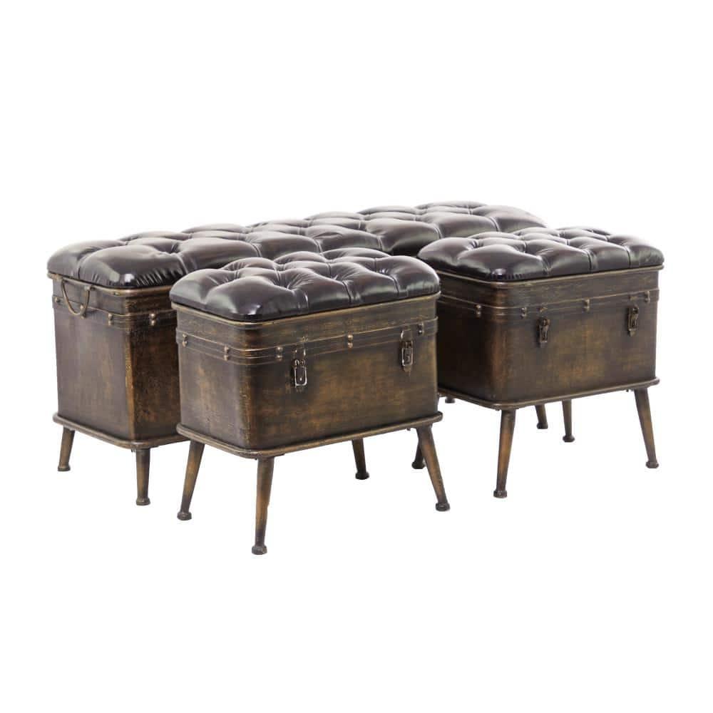 DecMode Metal Storage Bench with Tufted Faux Leather, Brown, Set of 3