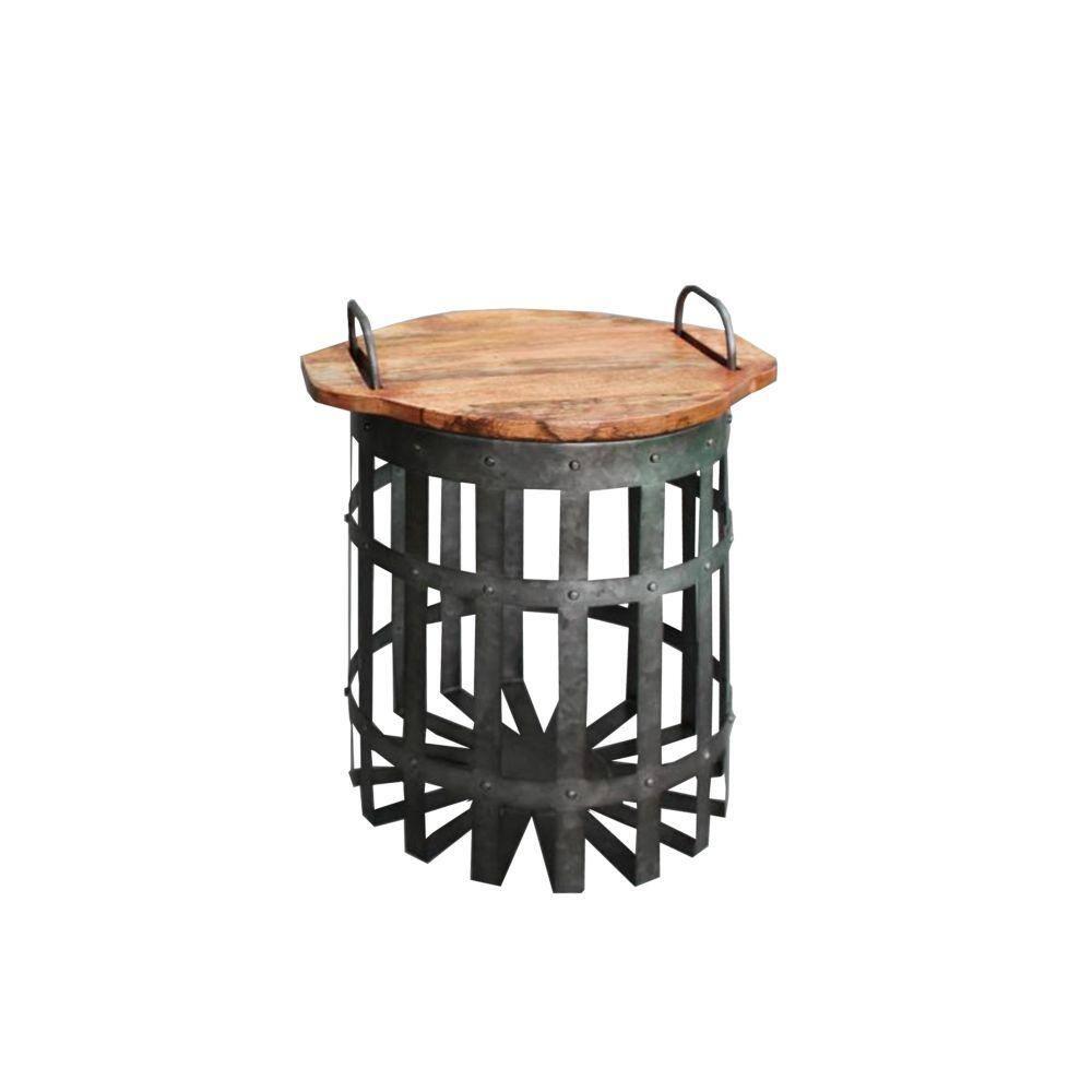 Benzara Set of 2 Industrial Grid Galvanized Accent End Table with Round Lid and Handles Accent Tables Gray/Brown