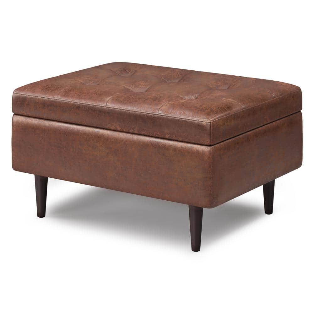Simpli Home Shay 34"W Upholstered Coffee Table Storage Ottoman with Lift Top and Tufted Detailing