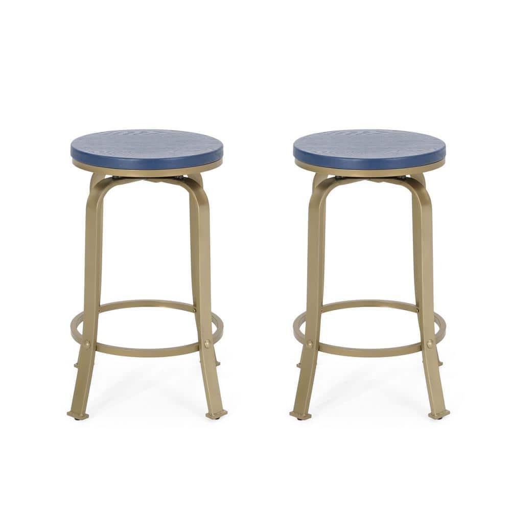 Noble House Skyla Modern Swivel Counter Stool in Blue and Gold (Set of 2)