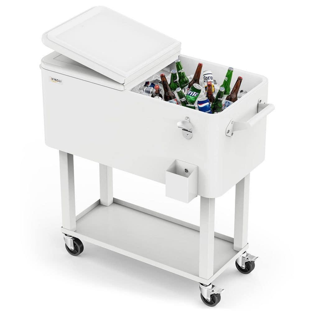 White Iron Rolling Cooler Cart with Shelf and Bottle Opener