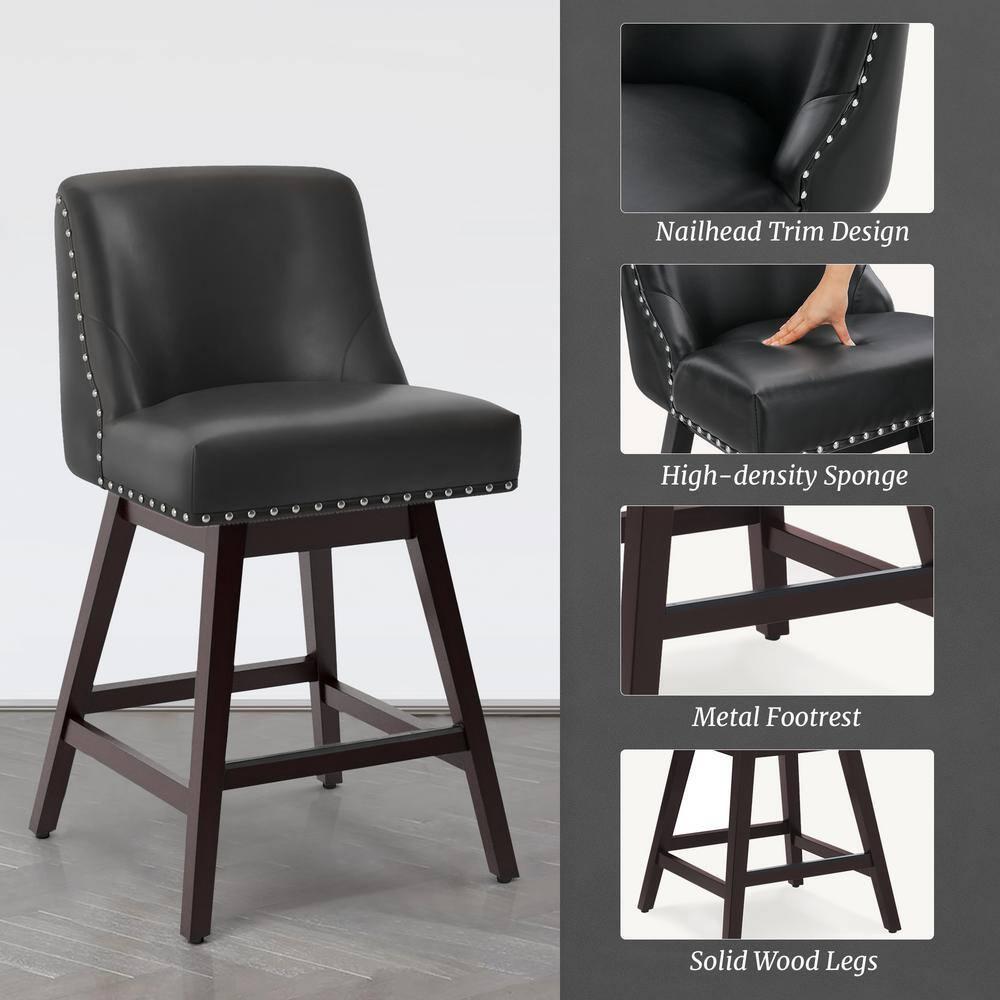 Dycanpo 26''H Swivel Bar Stools with Back Sets of 2 Faux Leather for Home Kitchen Island, Black