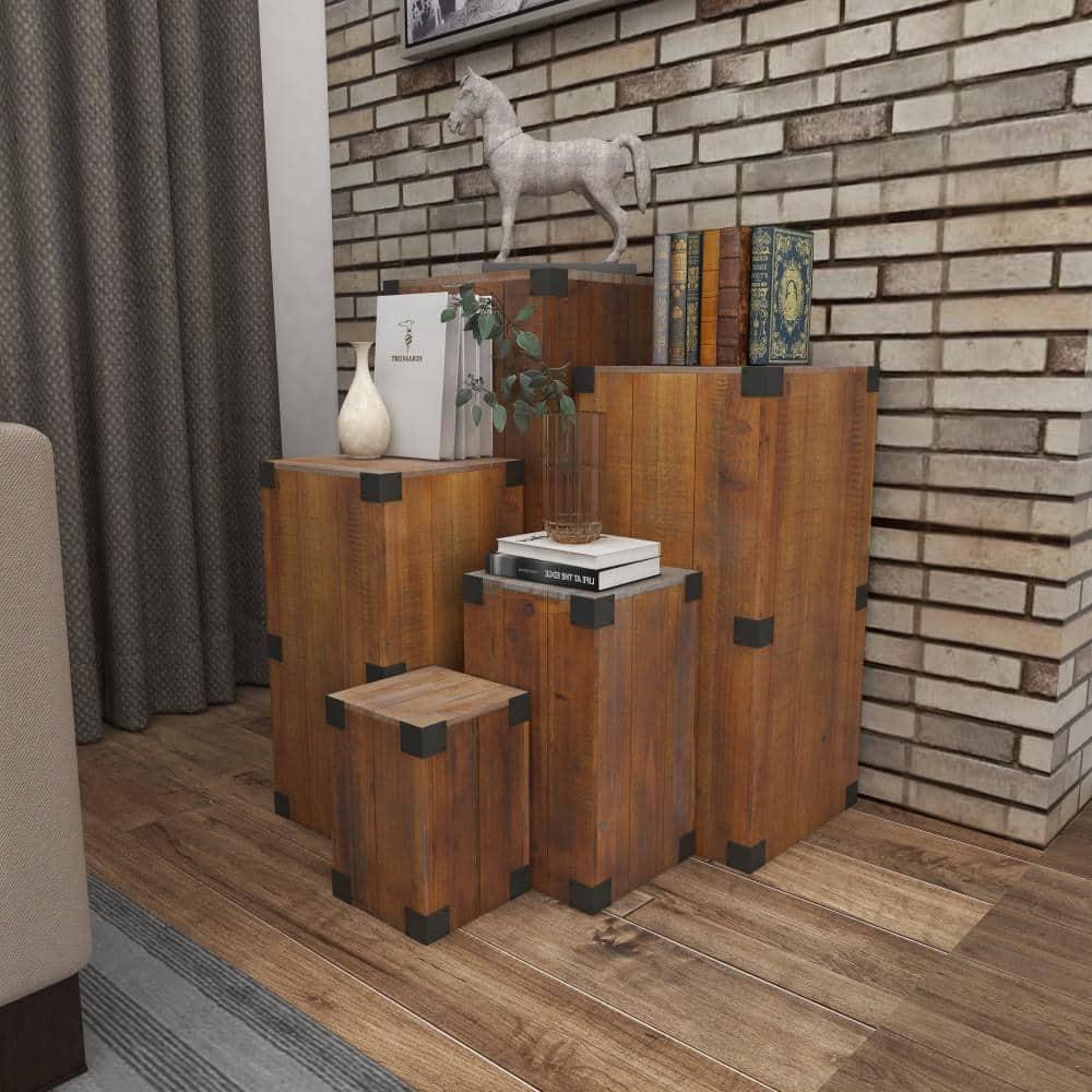 Set of 5 Farmhouse Wood Pedestal Tables Brown - Olivia & May: Indoor Accent Furniture, No Assembly Required