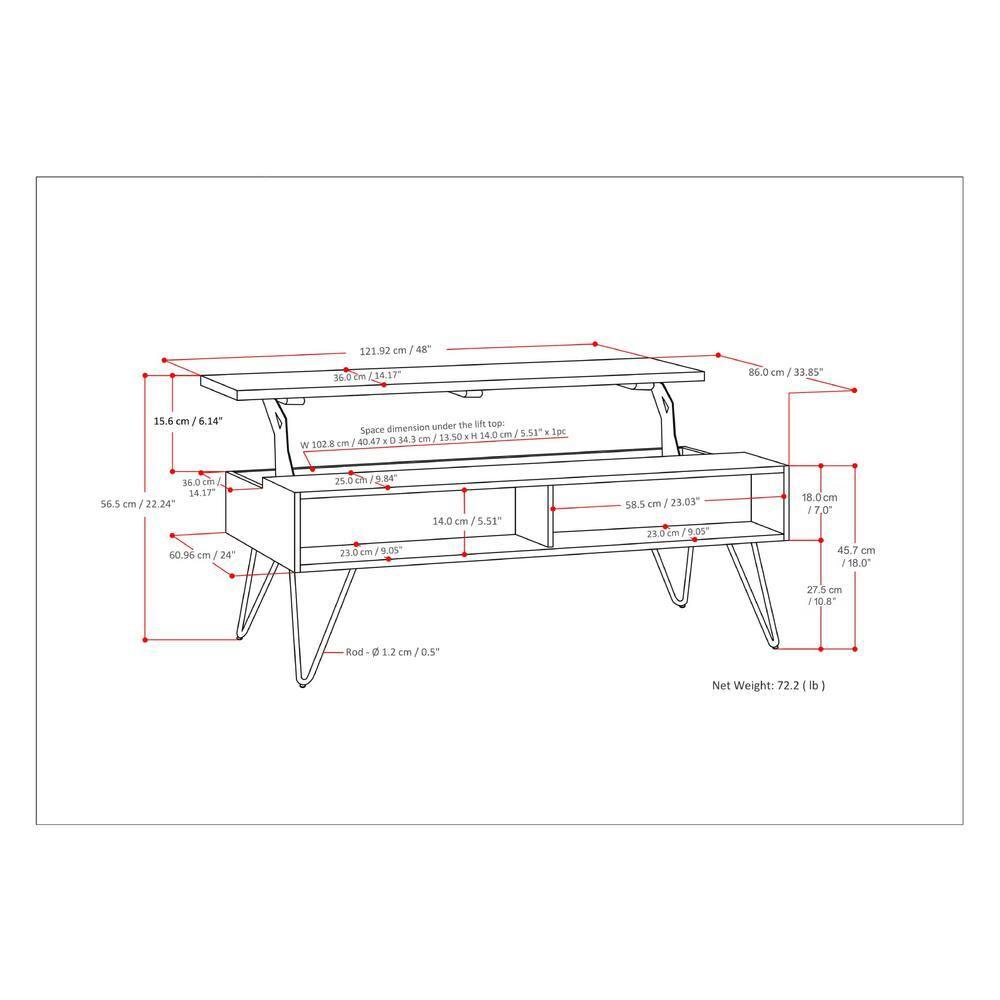 Hunter 48"W Solid Wood Industrial Lift Top Coffee Table with Hidden Storage and Metal Hairpin Legs