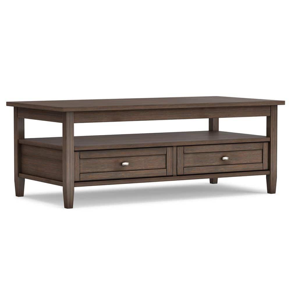 Simpli Home Warm Shaker 48"W Solid Wood Coffee Table with Two Storage Drawers and Open Shelf