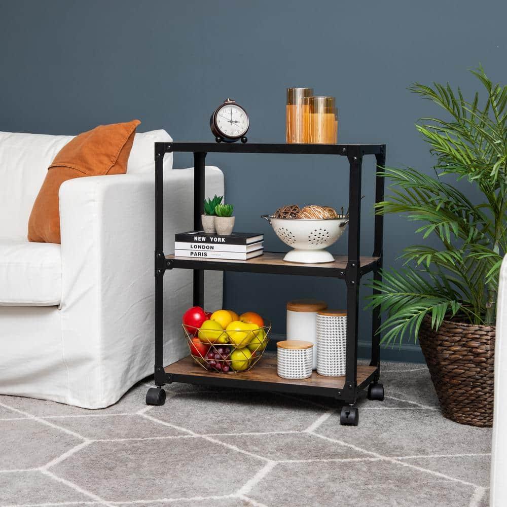 Mind Reader 3-Tier Rolling Bar Cart, Microwave Stand, Wood Metal, 29.5"H, Brown