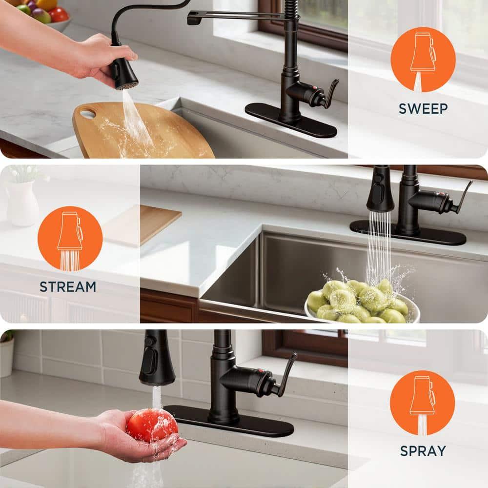FORIOUS Rustic Kitchen Faucet with Pull Down Sprayer Oil Rubbed Brown, 3 Modes Stainless Steel High Arc Vintage Spring Sink Faucet 1 or 3 Holes for Pot Filler, Farmhouse Camper Wet Bar