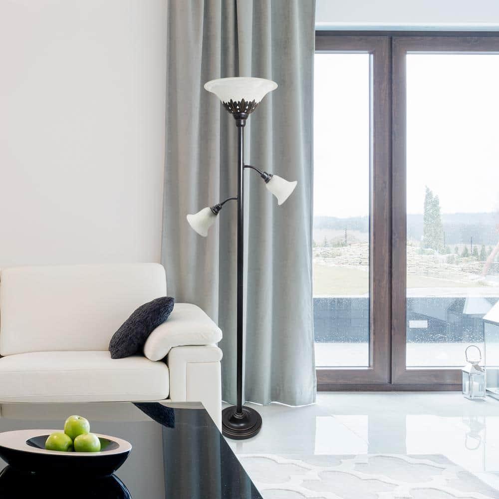 Torchiere Floor Lamp with 2 Reading Lights and Scalloped Glass Shades Bronze/White - Lalia Home: Adjustable, UL Listed, Metal Body