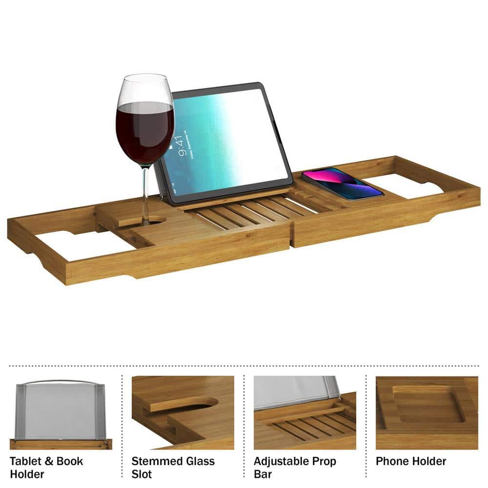 Acacia Bathtub Tray - Natural Wood Tray with Extended Sides, Glass Holder, Book, Phone, or Tablet Rest - For Bath Accessories by Home-Complete