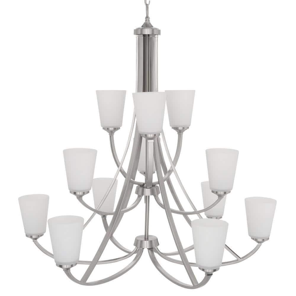 Contemporary Elegance Brushed Nickel 12-Light Chandelier with Etched White Glass
