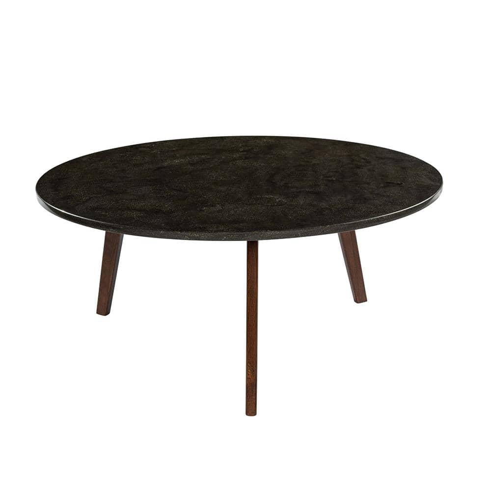 The Bianco Collection Stella 31" Round Italian Black Marble Coffee Table with Walnut Legs
