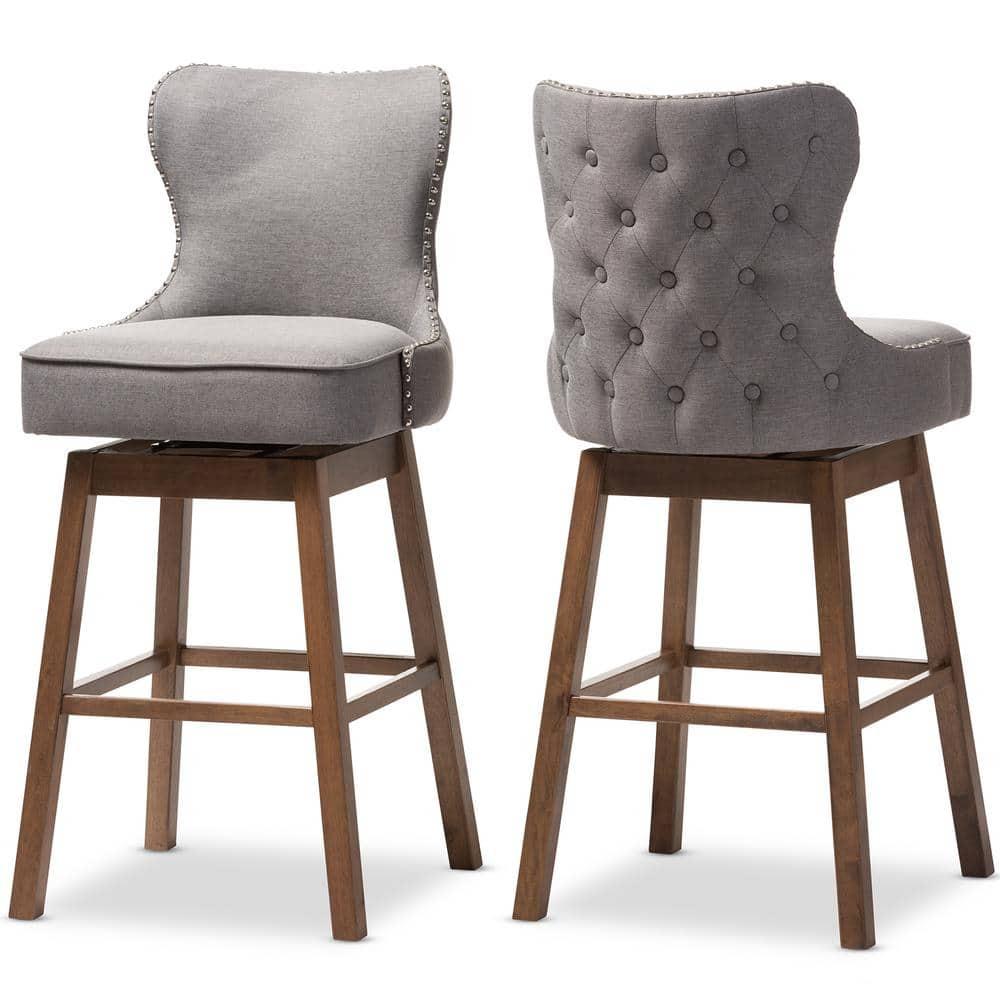 Gradisca Swivel Barstools with Button-Tufting & Nail Heads Trim: Polyester Upholstery - Baxton Studio