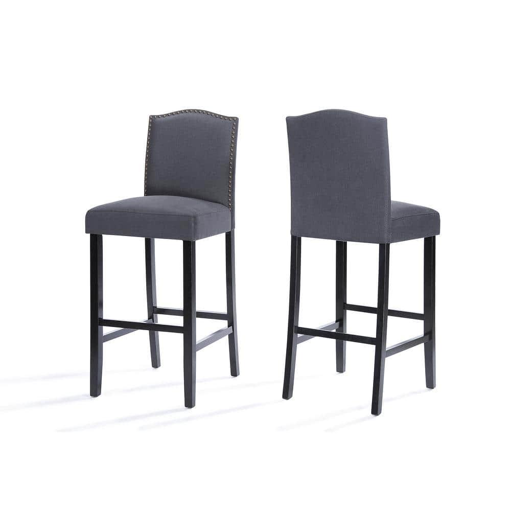 Noble House Merritt Fabric Upholstered Barstool with Nailhead Trim, Set of 2, Dark Charcoal and Walnut