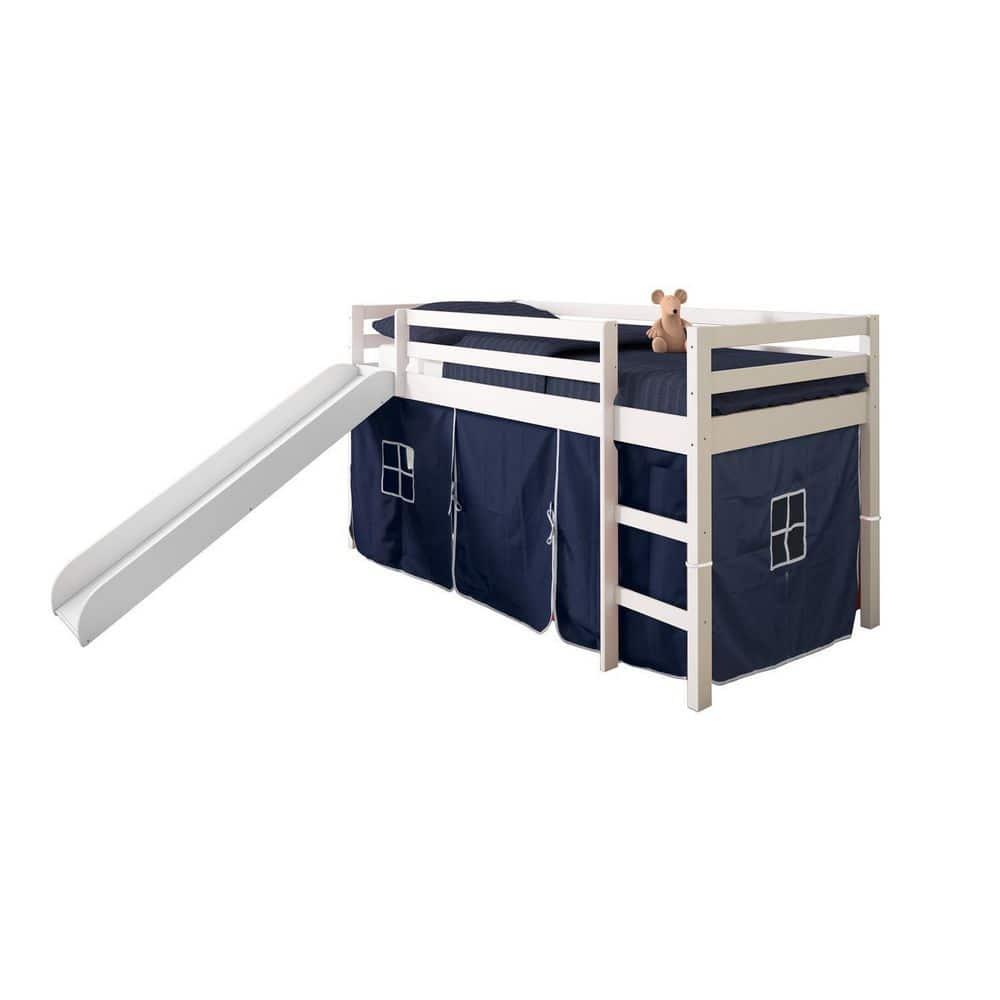Donco Kids Low Loft Bed with Slide and Blue Tent, Twin, White