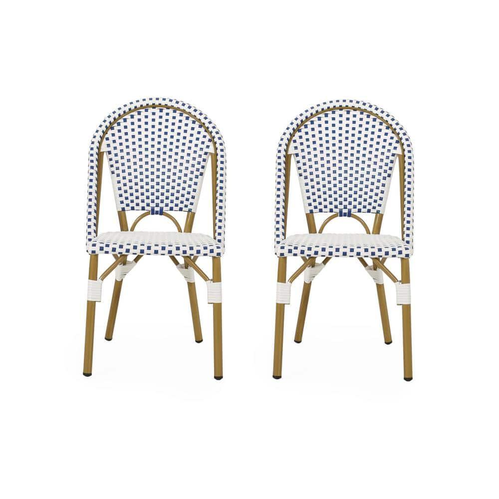 Noble House Elize Aluminum & Faux Rattan Bistro Chairs in Blue/White (Set of 2)