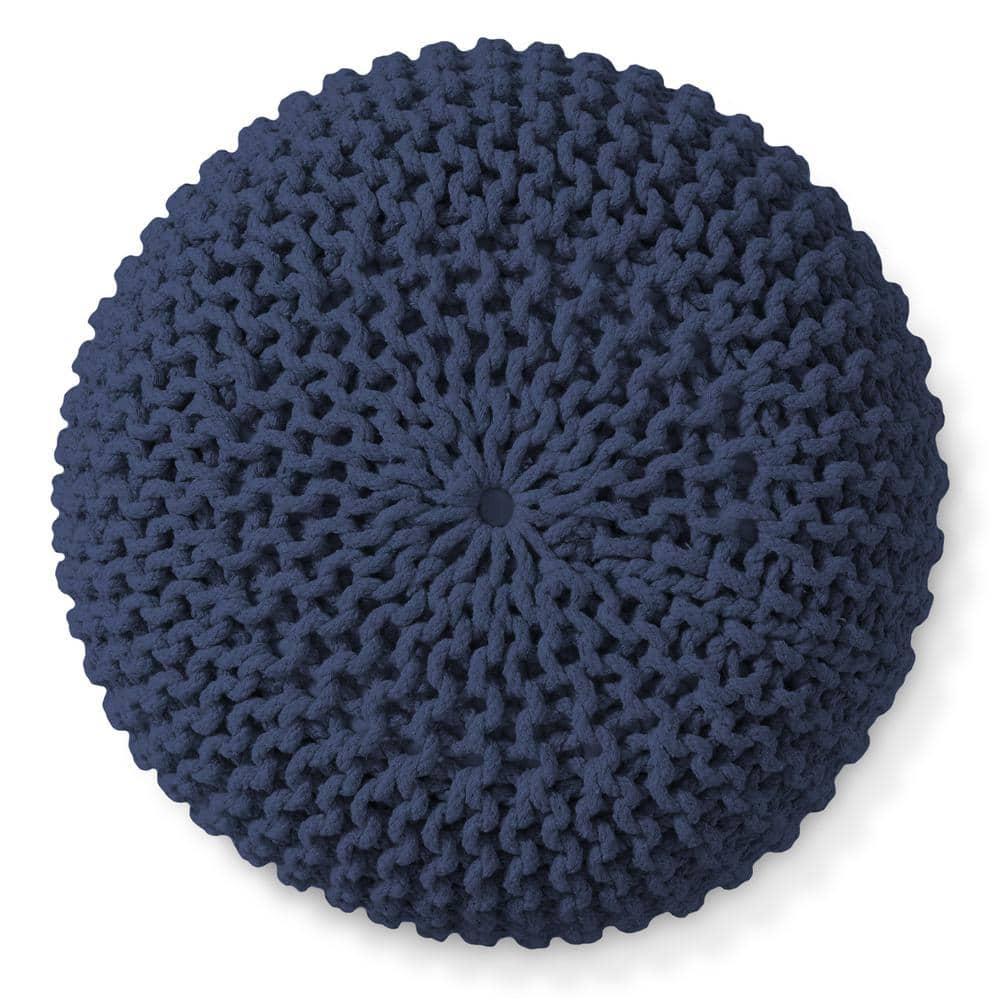 Casafield Round Pouf Ottoman, Navy Blue - 20" Dia x 14.5" High Cotton Knit Foot Stool - Boho Floor Pouffe for Living Room