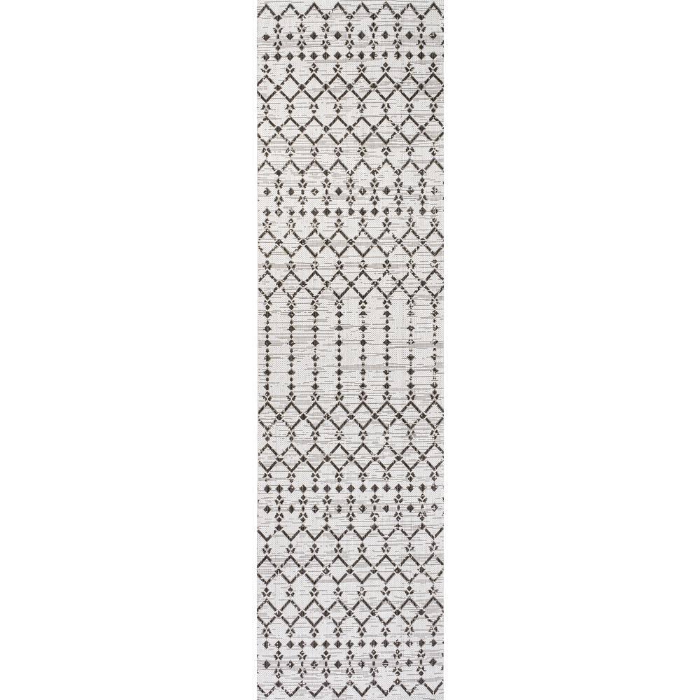 2' x 10' Ourika Moroccan Geometric Textured Weave Indoor/Outdoor Runner Rug, Cream/Black - JONATHAN Y