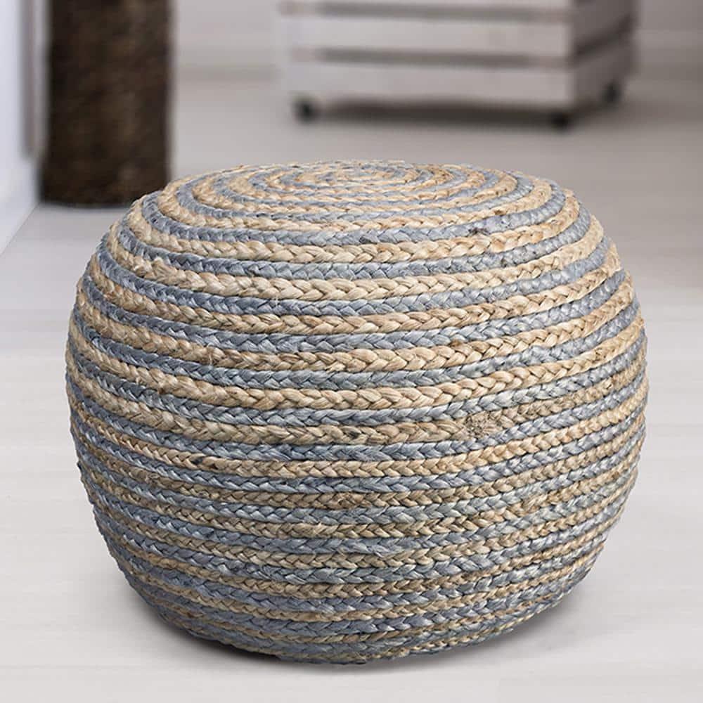 LR Home Savanna Round Grey/Natural Striped Indoor Pouf Ottoman, 20" H x 14" W