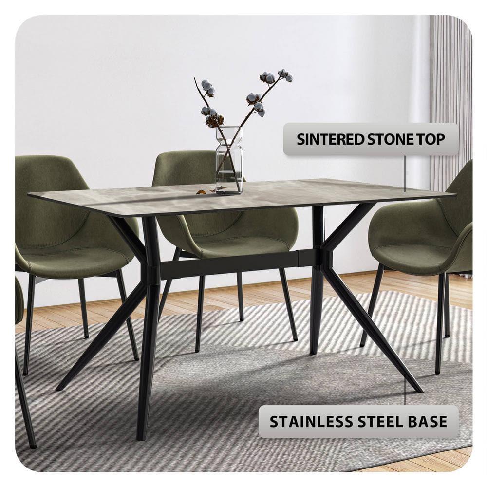LeisureMod Elega Series Modern 71” Dining Table with Sintered Stone or Glass Rectangular Top and Black Stainless Steel Base in Deep Grey