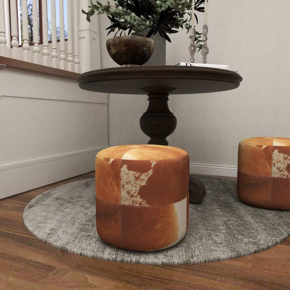 Olivia & May Wood and Leather Rustic Round Ottoman Brown: Contemporary Accent Stool, No Assembly Required