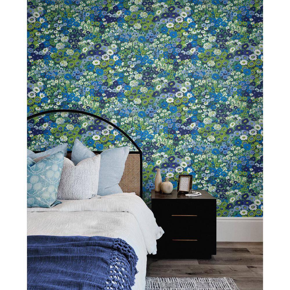 Bright Blue and Sap Green Floral Peel and Stick Wallpaper