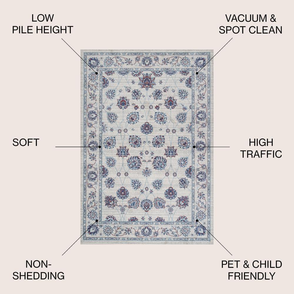 4' X 6' Modern Persian Vintage Moroccan Traditional Area Rug, Ivory/Blue/Red - JONATHAN Y