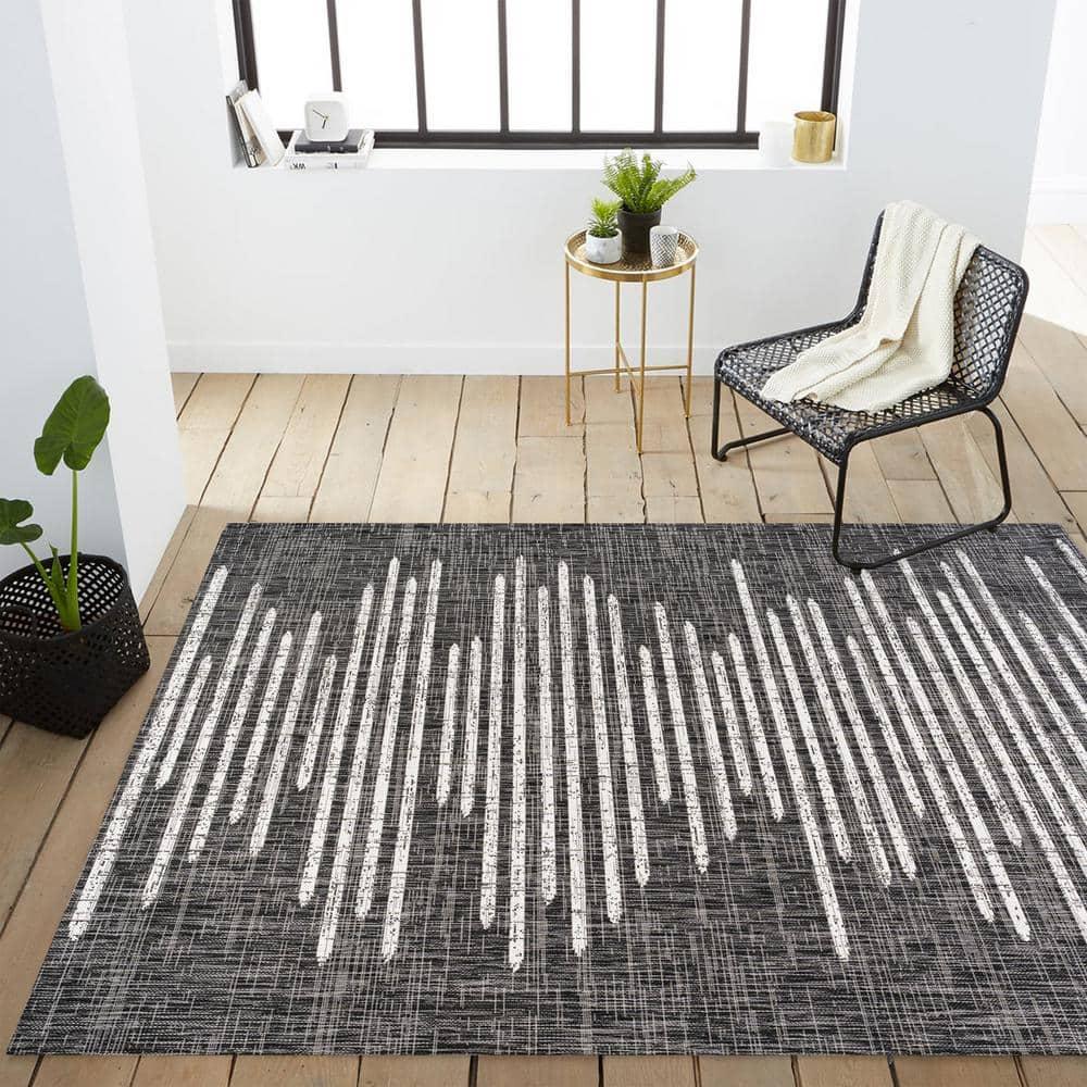 3'x5' Zolak Berber Stripe Geometric Indoor/Outdoor Area Rug, Black/Ivory - JONATHAN Y