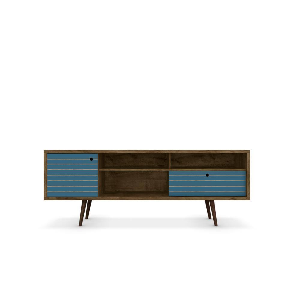 Liberty 3 Shelf and 1 Drawer TV Stand for TVs up to 65" Rustic Brown/Aqua Blue - Manhattan Comfort: Entertainment Center with Cable Management