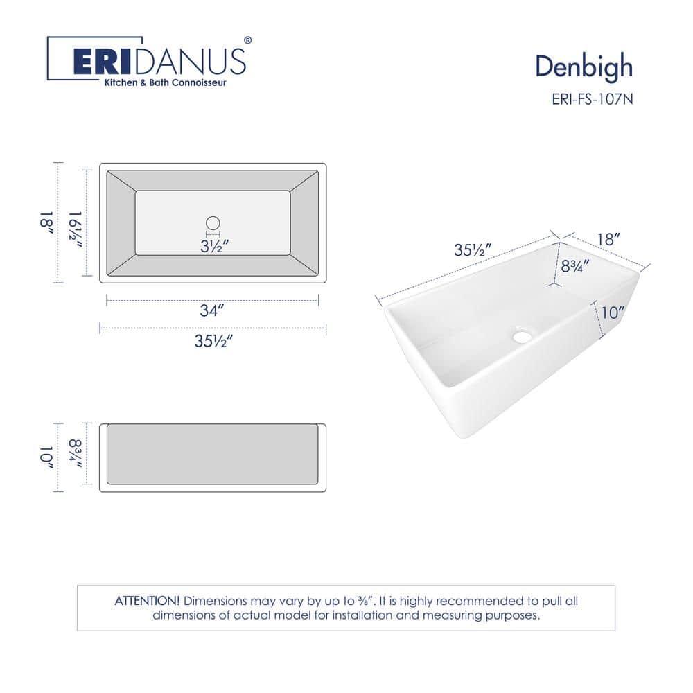 Denbigh 36'' W Farmhouse / Apron Single Bowl White Fireclay Kitchen Sink with Accessories