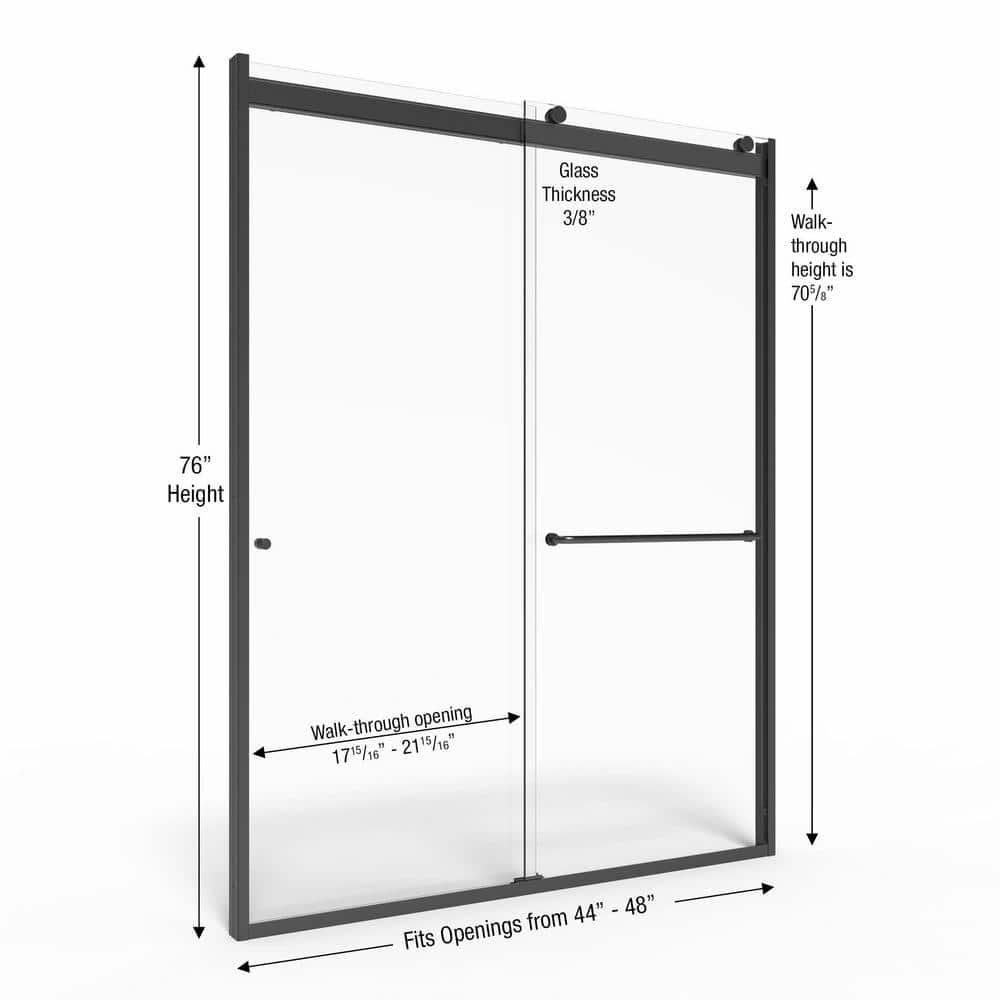 Rotolo Semi-Frameless Sliding Corner Shower Enclosure Door, 44-48 in. W, 76 in. H, Clear Glass in Matte Black