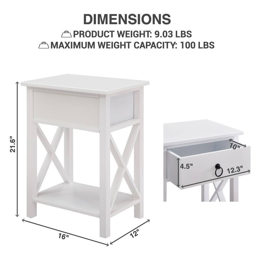 12 in. White Rectangle Wood End Table with Drawer and Shelf Solid Narrow Side Table For Bedrooms Ideal For Small Spaces
