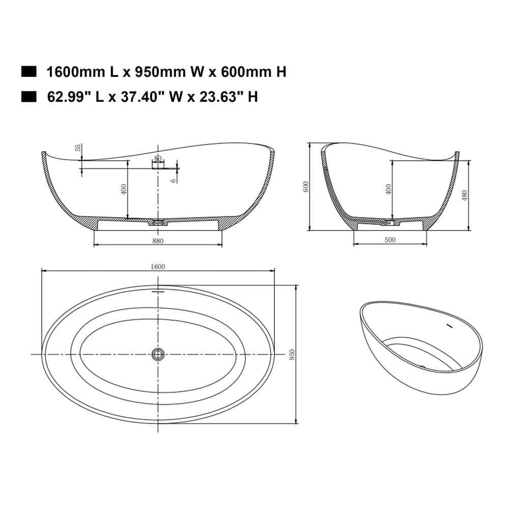 Vanity Art 63" x 37" Freestanding Soaking Stone Bathtub VA6918-ML