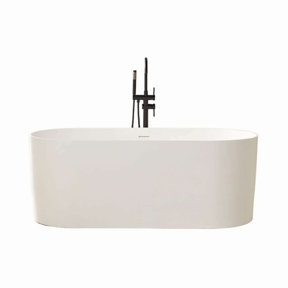 59" x 29.5" Freestanding Soaking Stone Resin Bathtub with Pure White Overflow and Pop Up Drain
