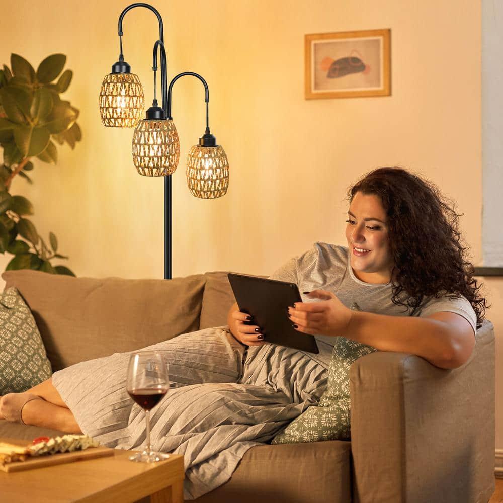OUTON 69'' Tree Floor Lamp for Living Room Clearance, 3 Light Dimmable Tall Standing Lamp with Rattan Lampshade, Farmhouse Floor Lamp with 3 LED Bulbs for Bedroom Office, Boho