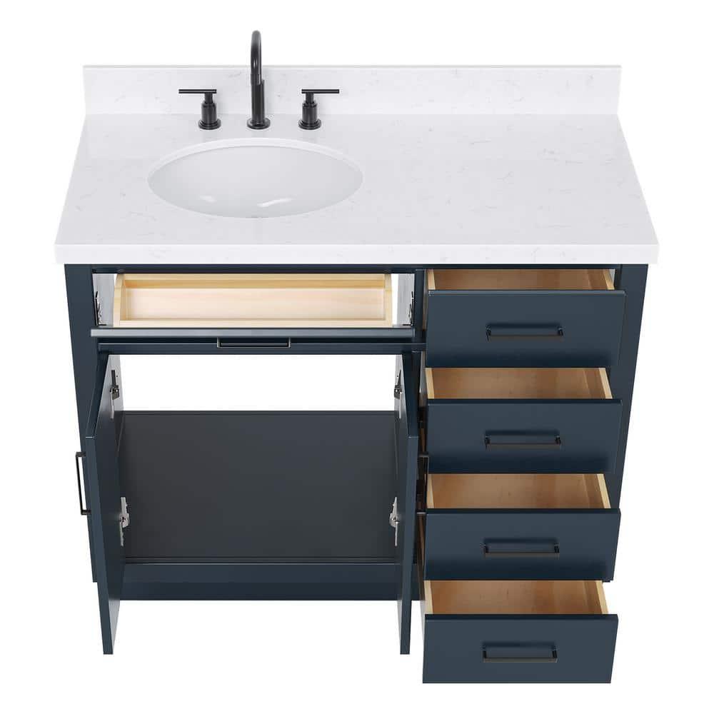 Hokku Designs Thornaby 42'' Solid Wood Single Bathroom Vanity with 1.5'' Carrara Quartz Top, Right Offset Oval Sink