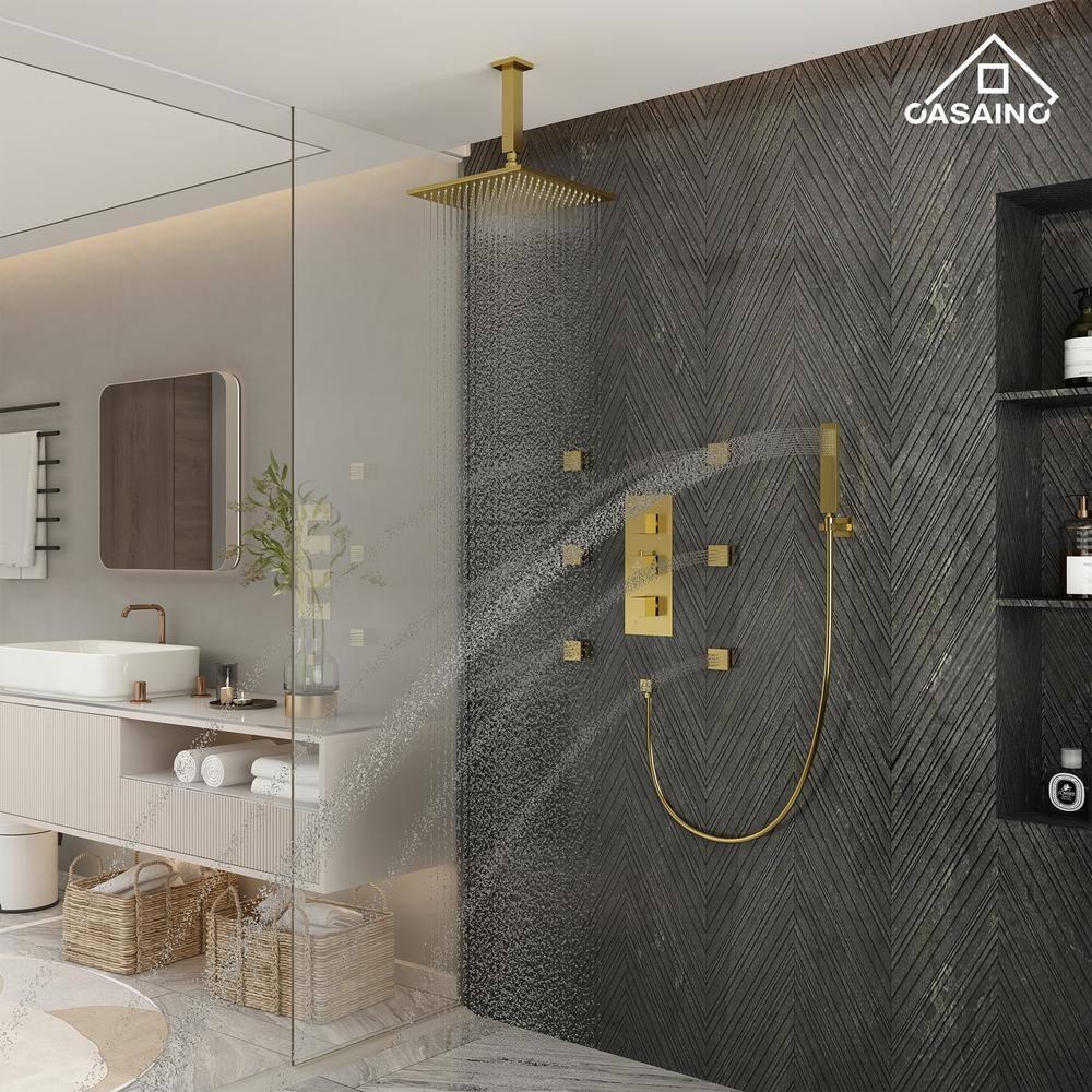 CASAINC LED Thermostatic Dual Shower Heads Ceiling Mount Fixed and Handheld Shower Head