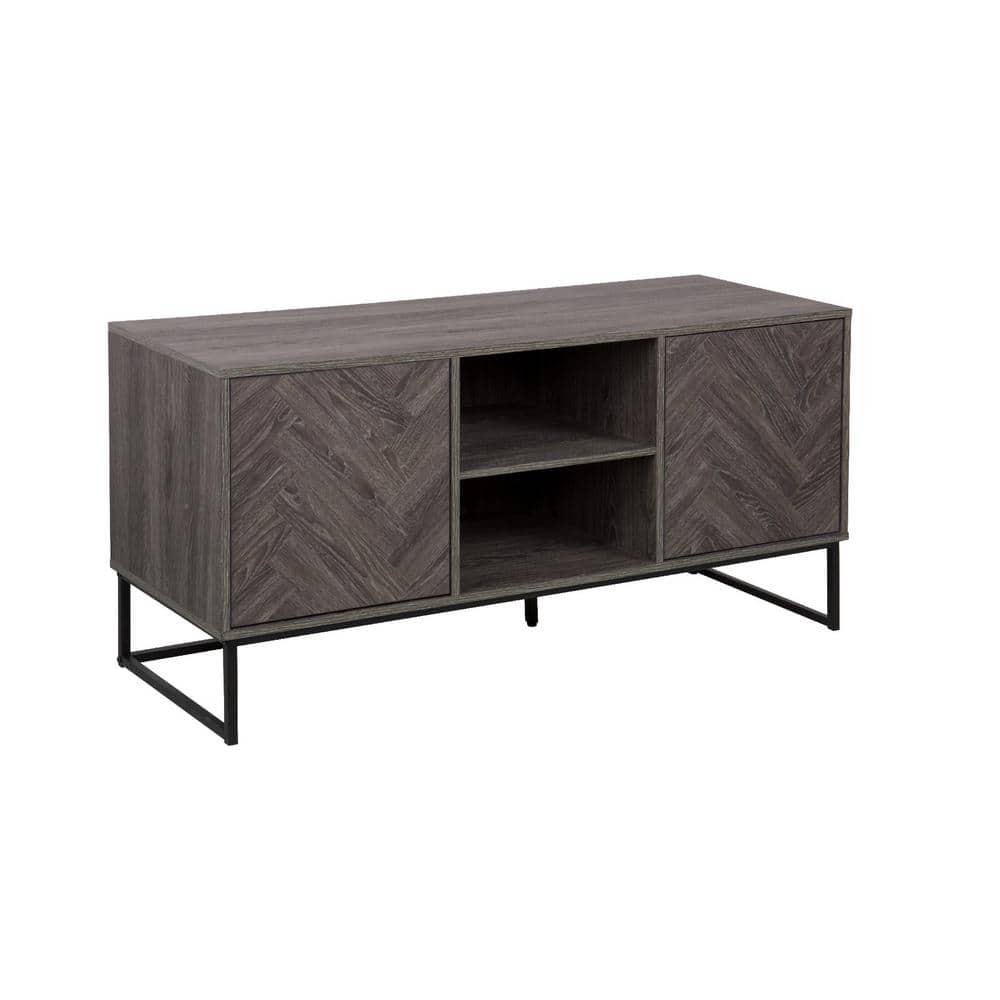 Nathan James Dylan Media Console Cabinet TV Stand with Hidden Storage Herringbone Pattern Wood Metal, Gray/Black