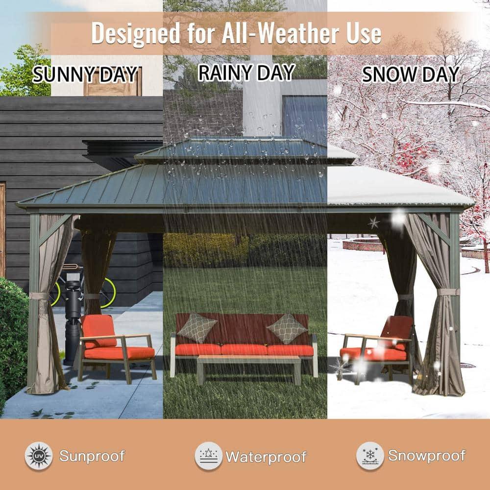 TOTAL Outdoor 10' x 12' Hardtop Gazebo, Galvanized Steel Double Roof Canopy W/Curtains and Netting, Drainage System, Sunshade for Deck, Lawns and Backyard, Gray.