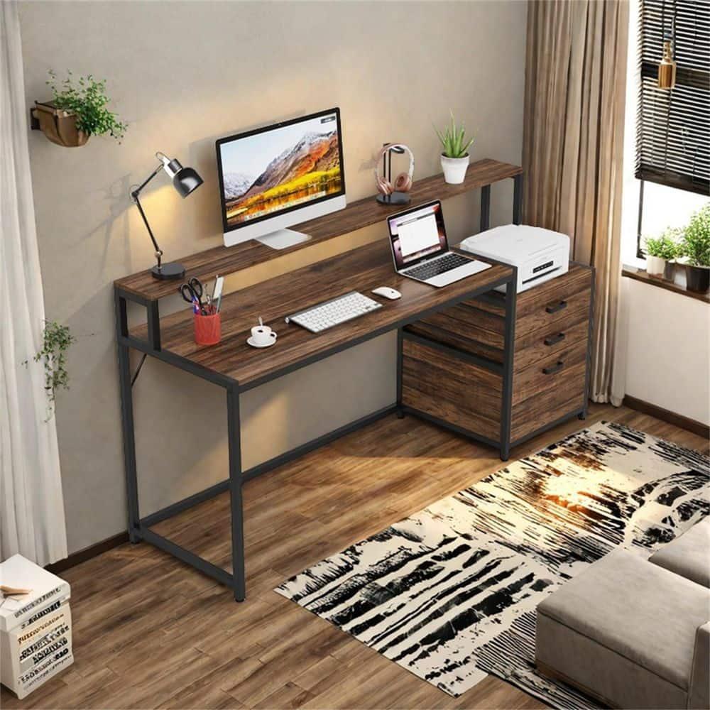 Tribesigns 63" Ergonomic Office Desk, Rustic Brown